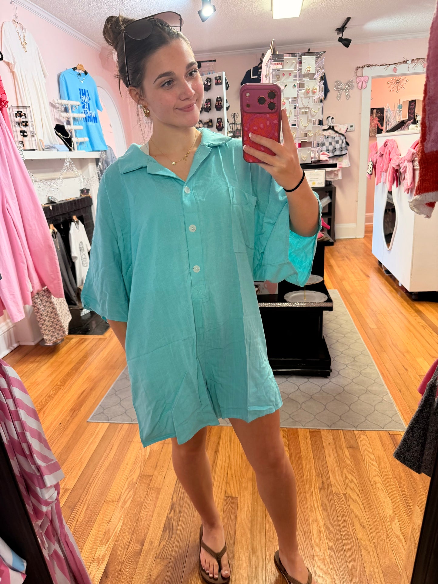 Breezy Days Blue Linen Oversize Button Up Romper