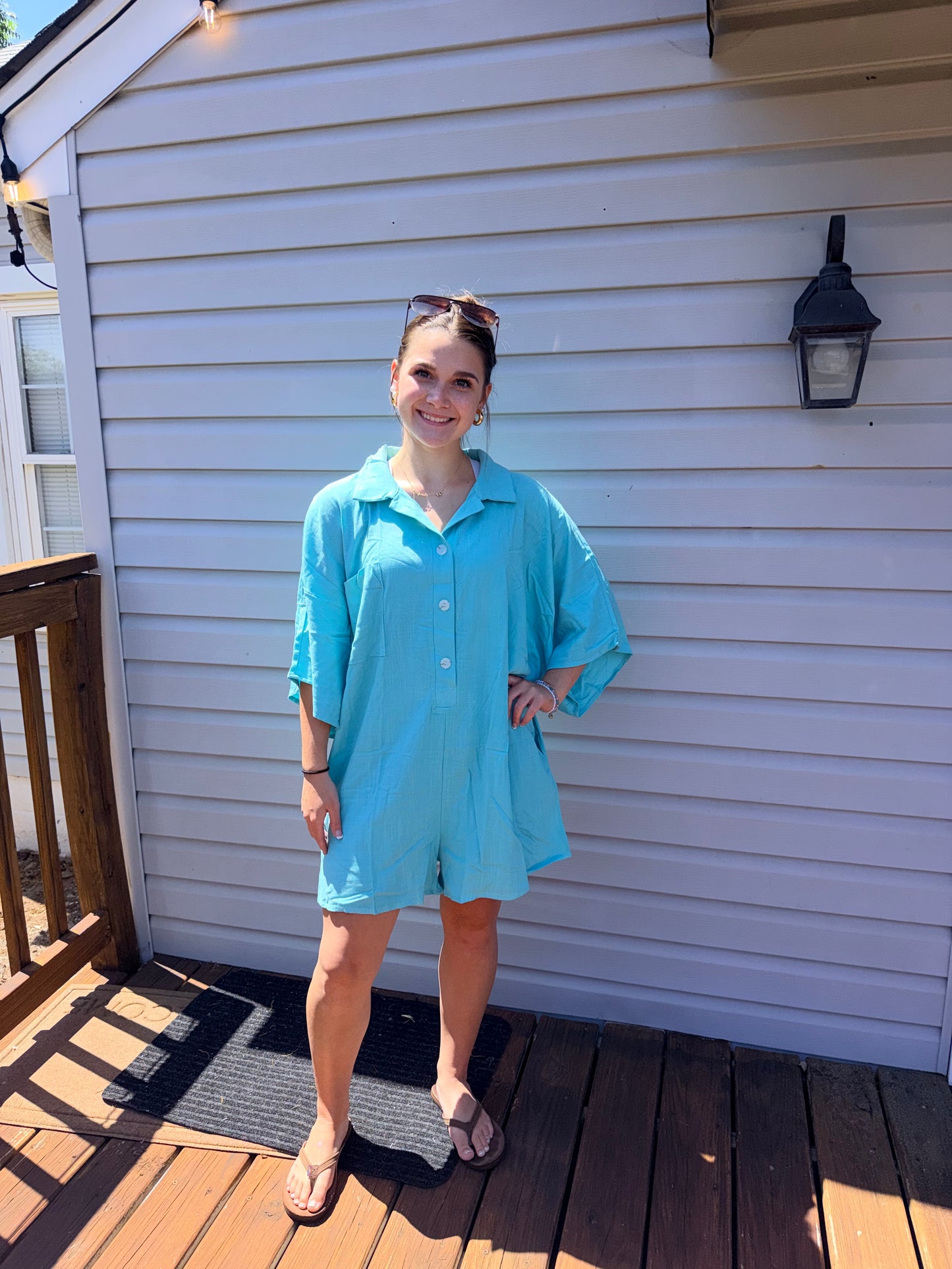 Breezy Days Blue Linen Oversize Button Up Romper
