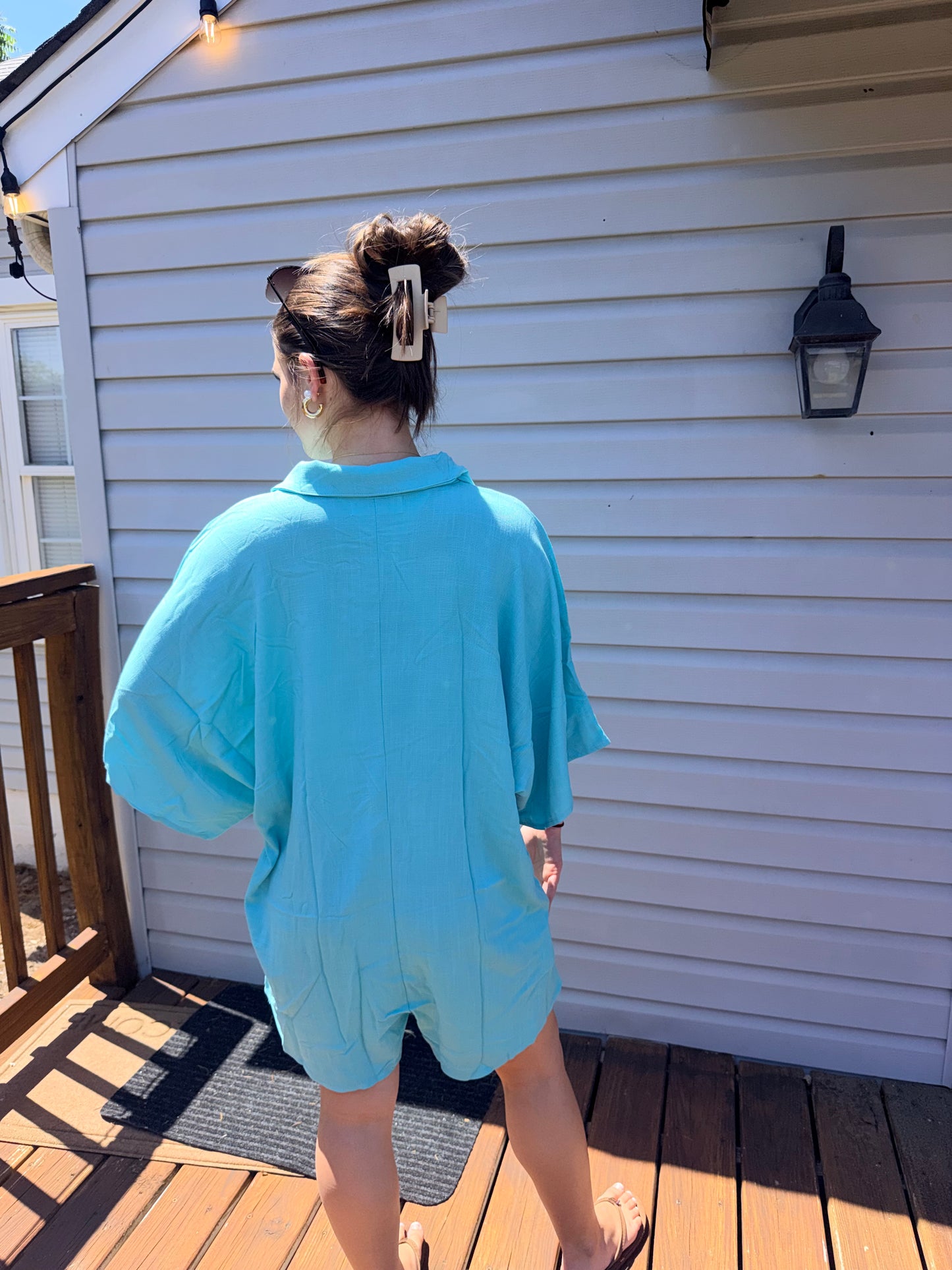 Breezy Days Blue Linen Oversize Button Up Romper