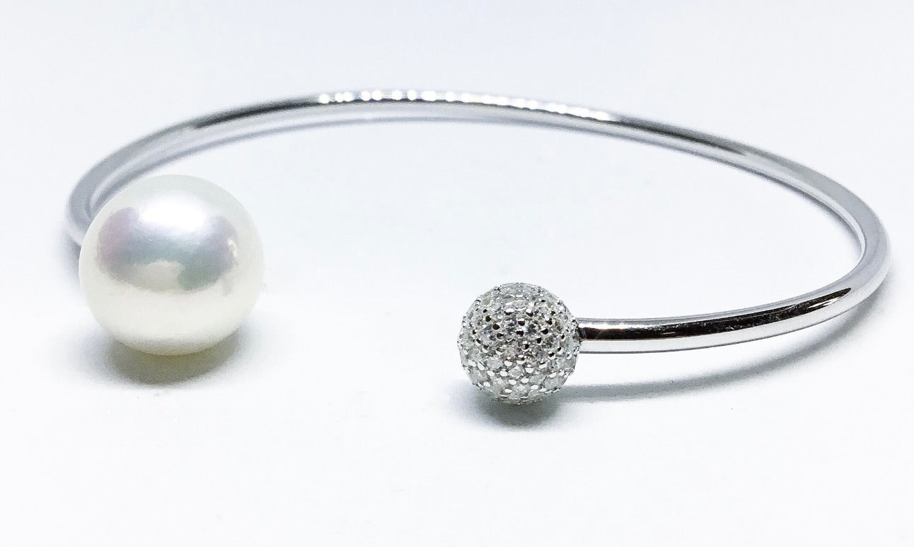 Pearl & Crystal Ball Open Cuff Bracelet