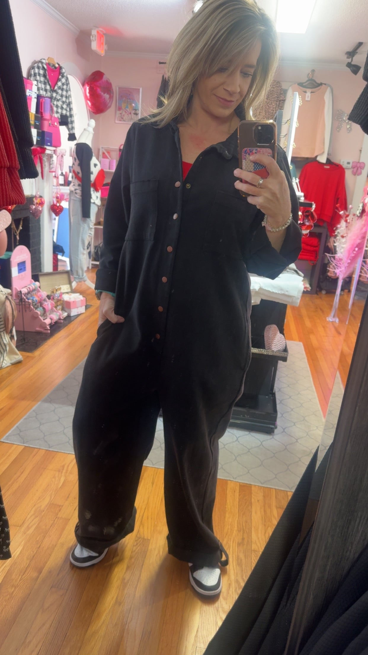 Black Long Sleeve Denim Jumpsuit