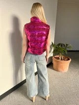 Pink Sequin Zipper Vest