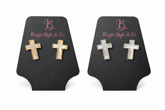 Pearl with Silver & Gold Cross Earrings