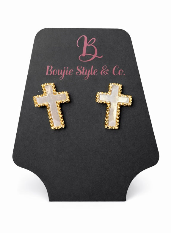Pearl with Silver & Gold Cross Earrings