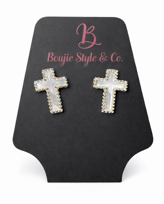 Pearl with Silver & Gold Cross Earrings