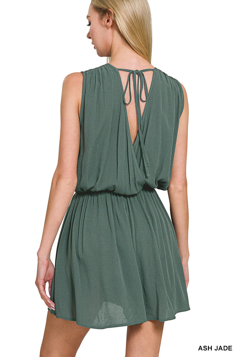 WOVEN CRINKLE ELASTIC WAIST DRAPED ROMPER WITH TIE OPEN BACK