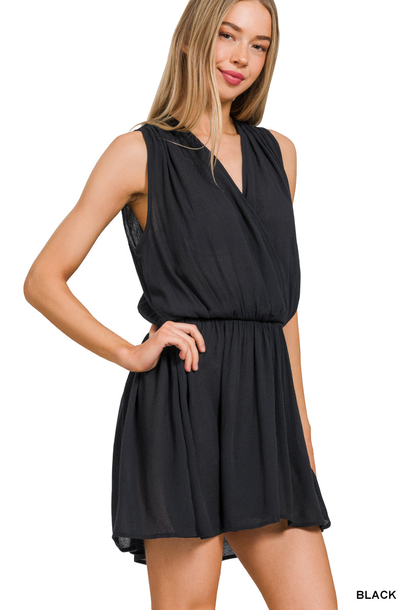WOVEN CRINKLE ELASTIC WAIST DRAPED ROMPER WITH TIE OPEN BACK