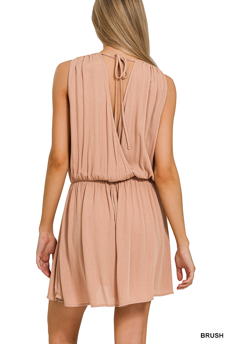 WOVEN CRINKLE ELASTIC WAIST DRAPED ROMPER WITH TIE OPEN BACK