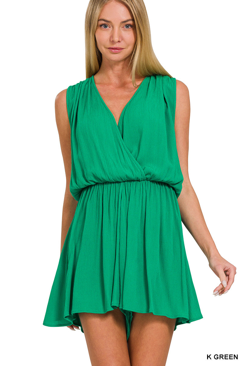 WOVEN CRINKLE ELASTIC WAIST DRAPED ROMPER WITH TIE OPEN BACK