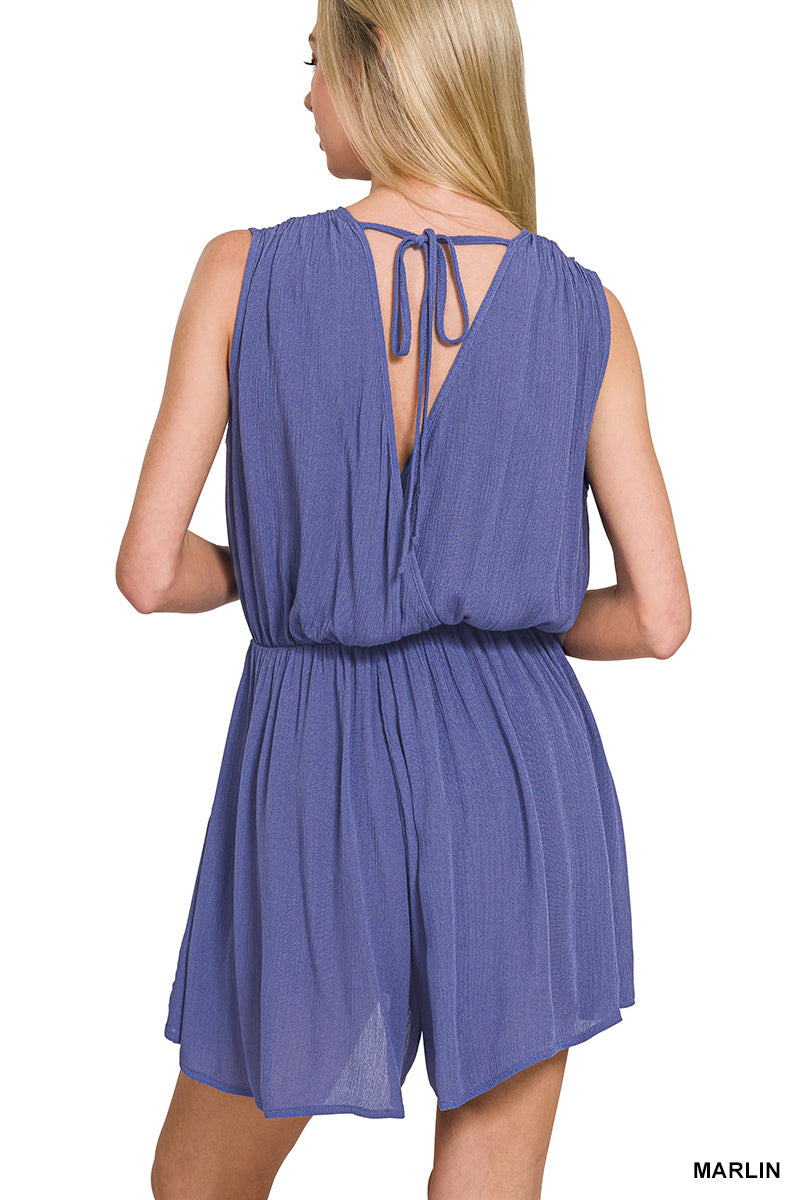 WOVEN CRINKLE ELASTIC WAIST DRAPED ROMPER WITH TIE OPEN BACK