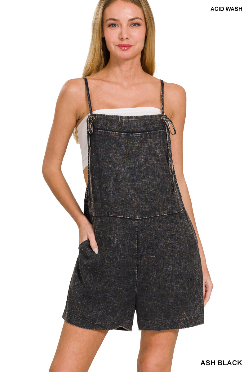 WASHED LINEN KNOT STRAP ROMPERS