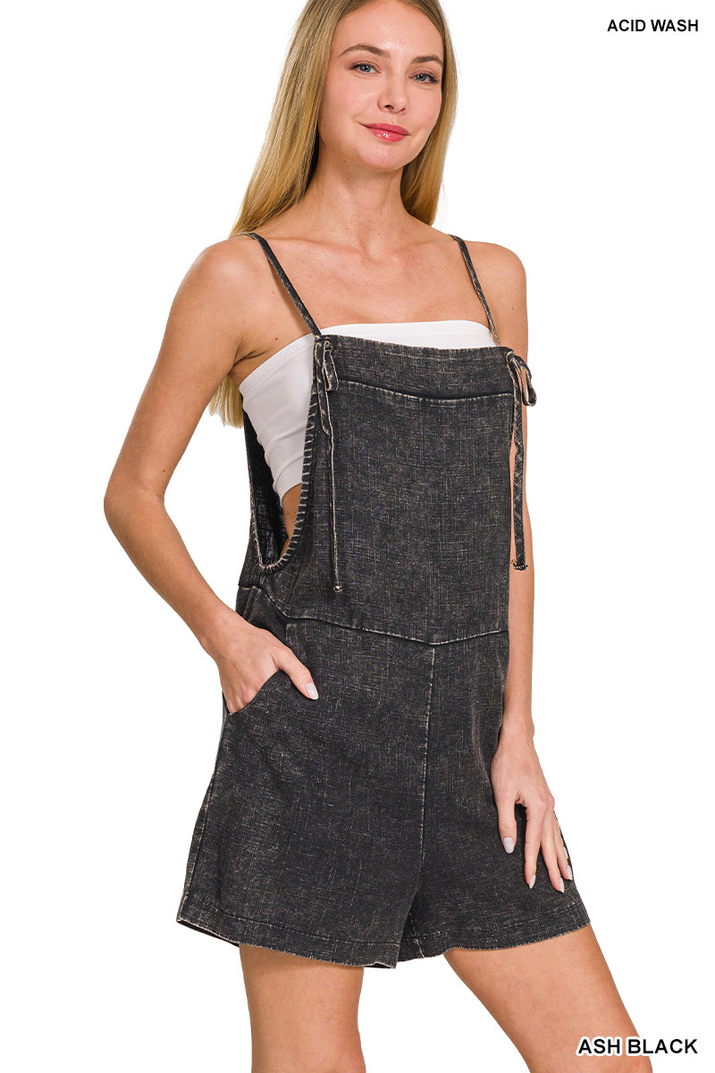 WASHED LINEN KNOT STRAP ROMPERS