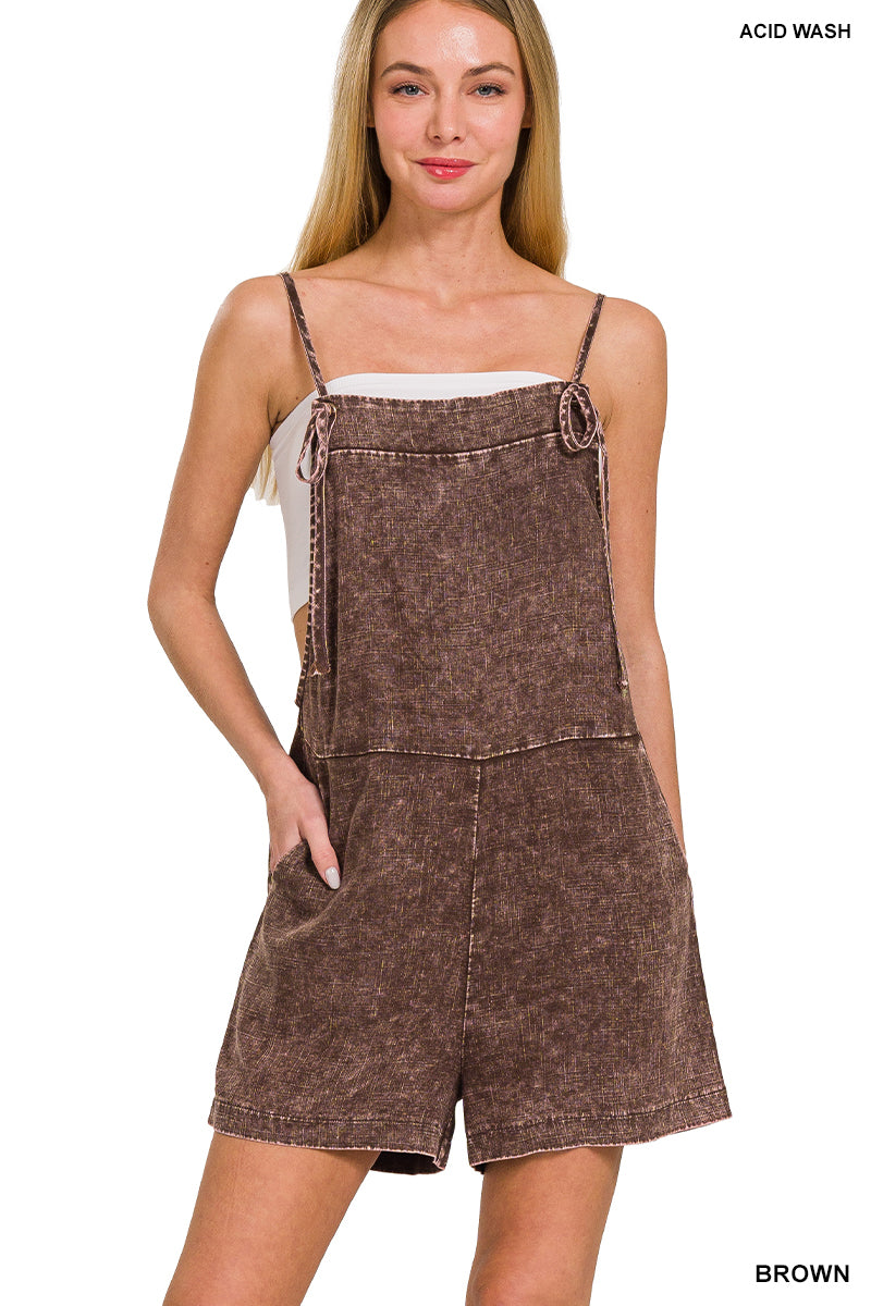 WASHED LINEN KNOT STRAP ROMPERS