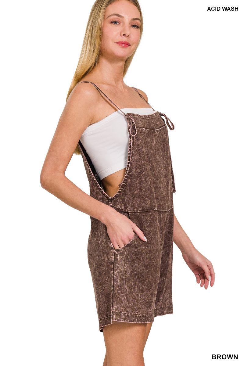 WASHED LINEN KNOT STRAP ROMPERS