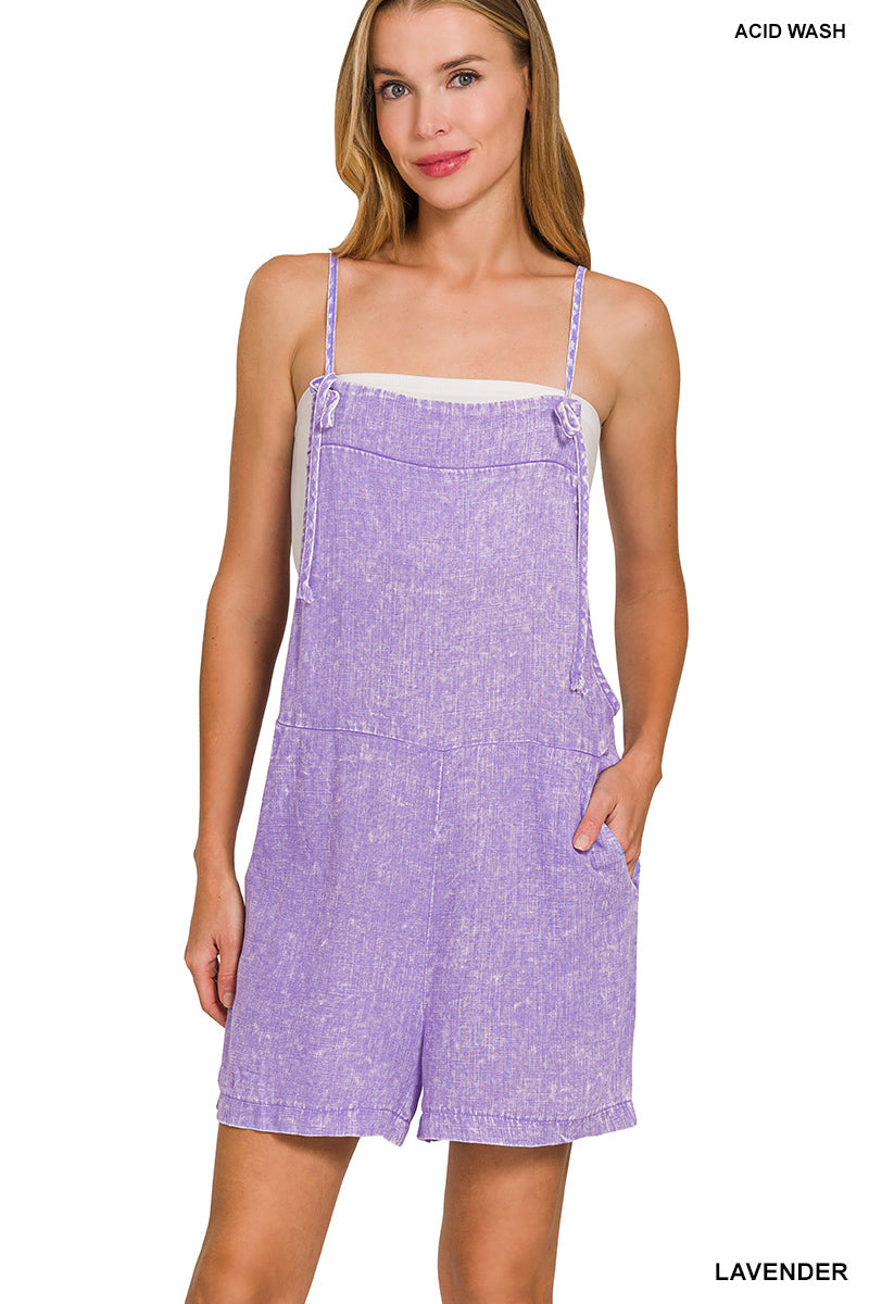 WASHED LINEN KNOT STRAP ROMPERS