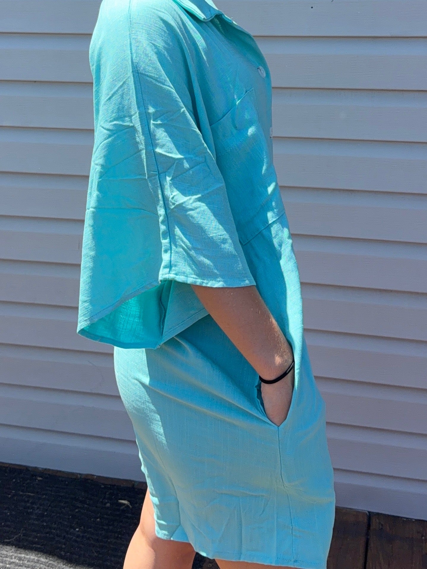 Breezy Days Blue Linen Oversize Button Up Romper