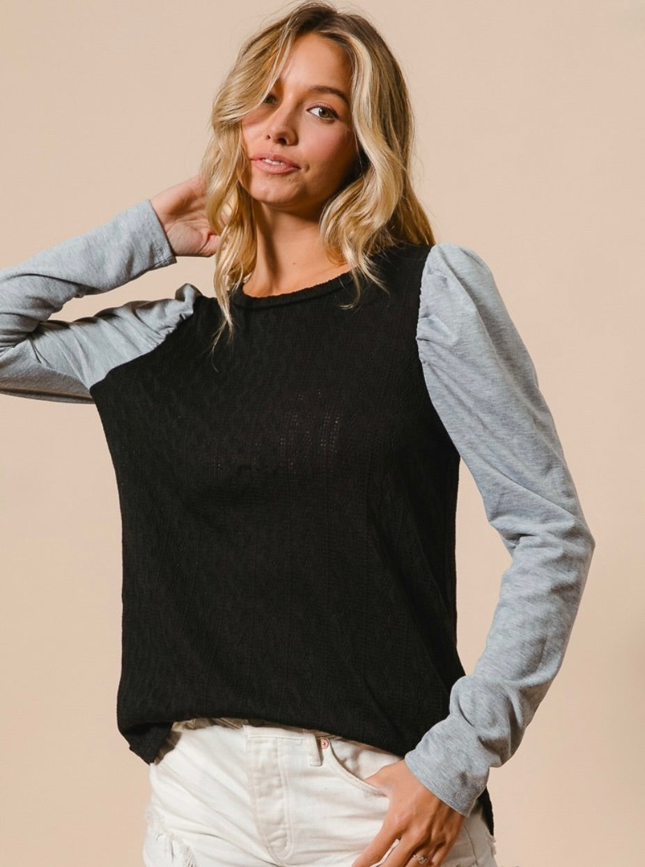 Cable Knit Sweater with Puff Sleeves