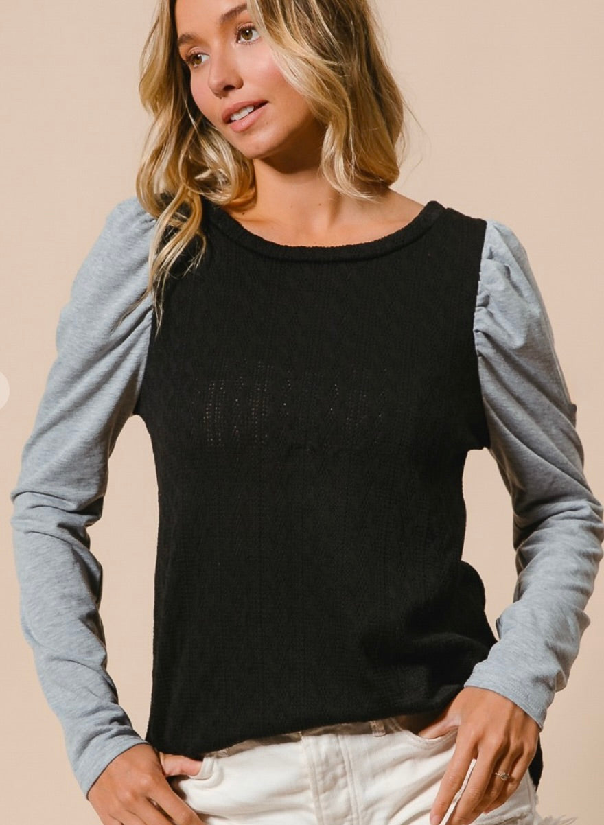 Cable Knit Sweater with Puff Sleeves