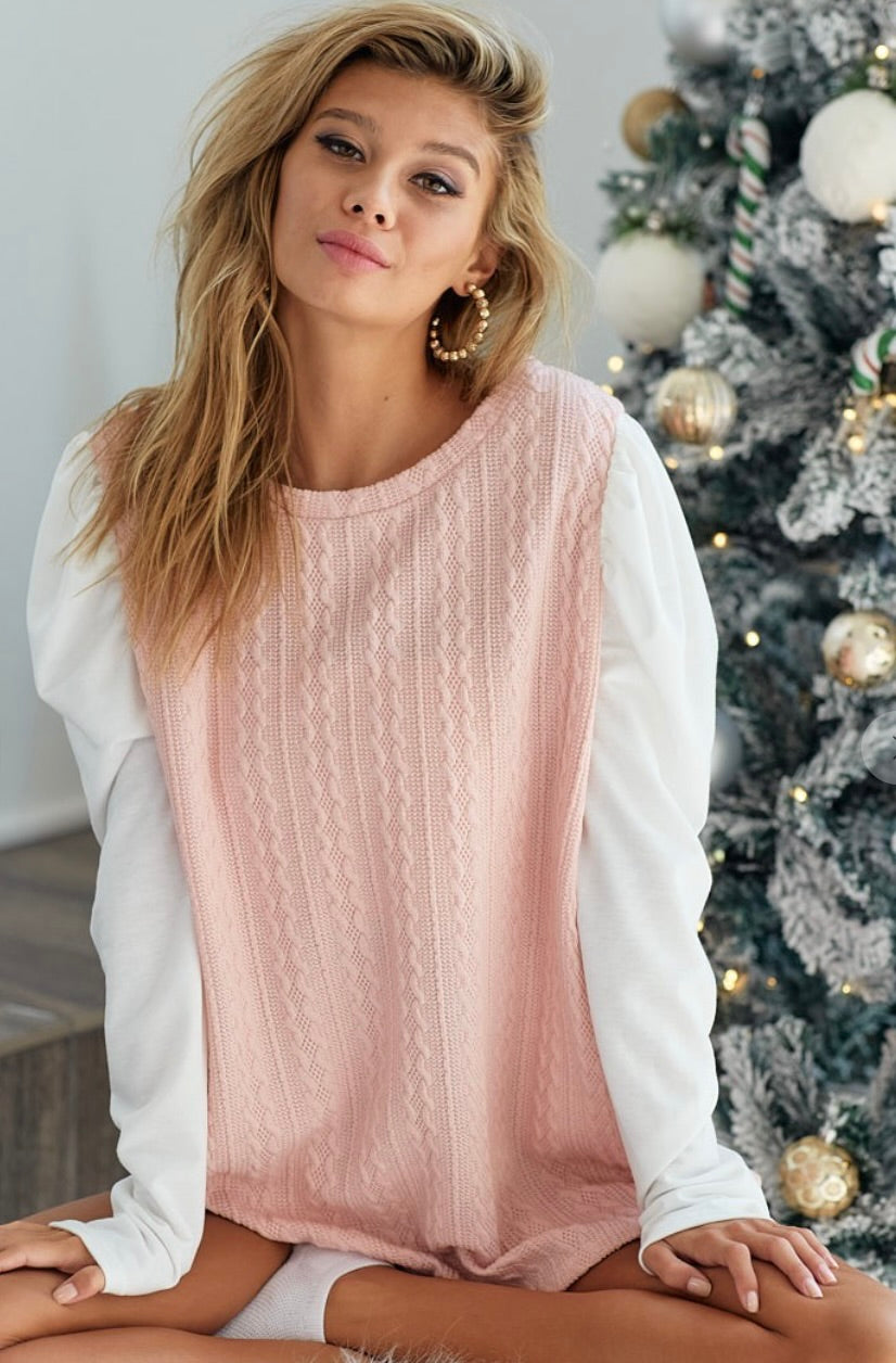 Cable Knit Sweater with Puff Sleeves
