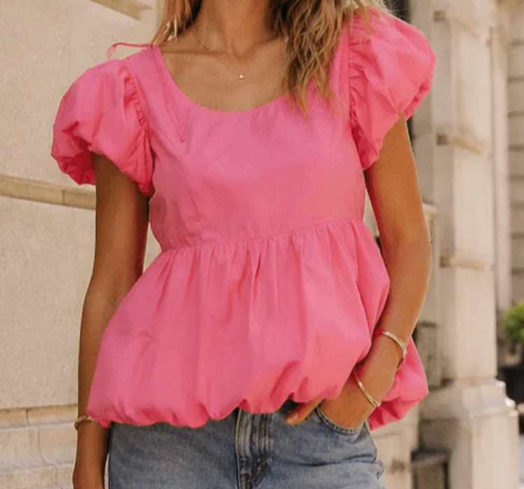 Pink Puff Sleeve Bubble Hem Peplum Top with Tie-Back Detail