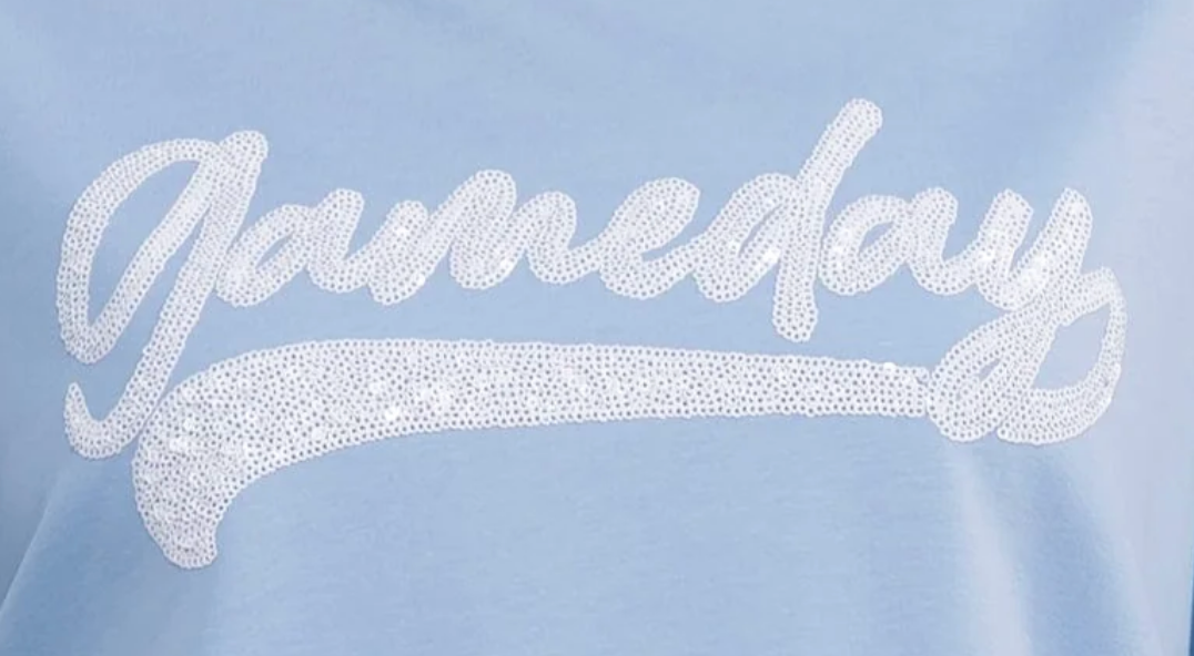 Light Blue Sequin "Gameday" Oversized Raw-Edge Graphic Tee
