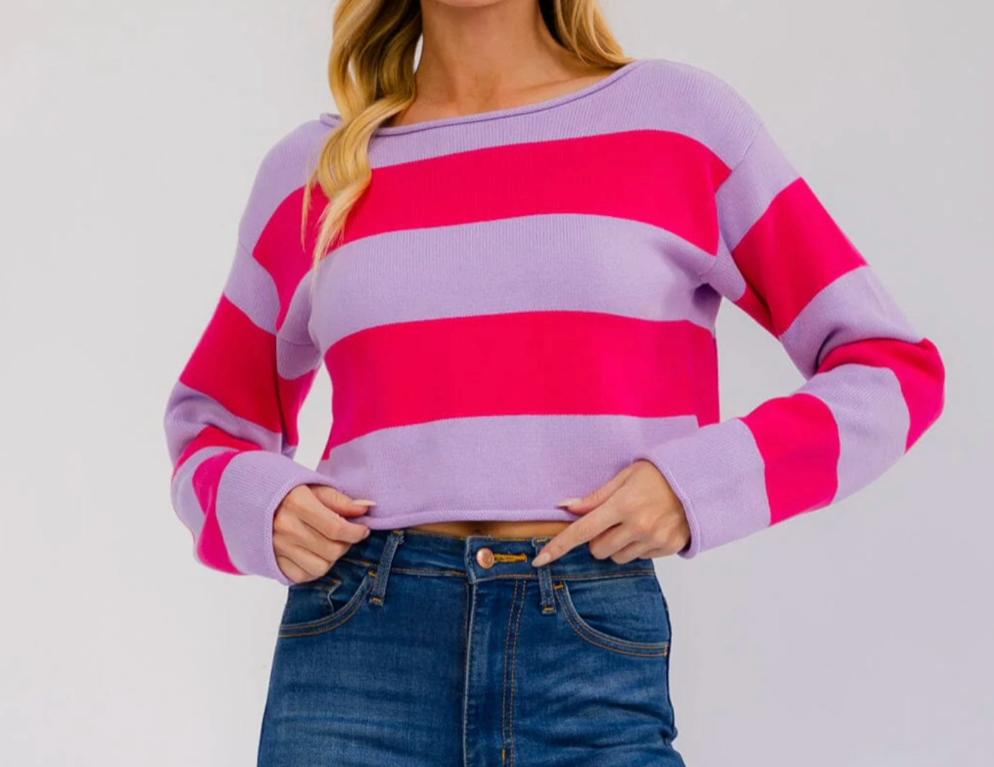 Pink & Purple Wide Striped Cropped Knit Sweater with Rolled Edge Hem