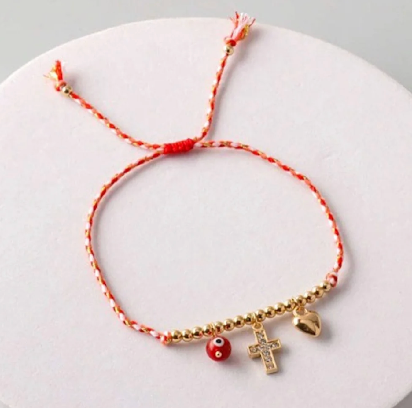 Gold Beaded Charm Bracelet with Cross & Heart | Red & Blue Adjustable Cord