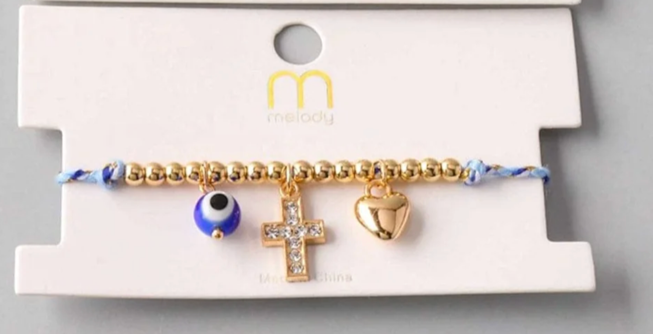Gold Beaded Charm Bracelet with Cross & Heart | Red & Blue Adjustable Cord