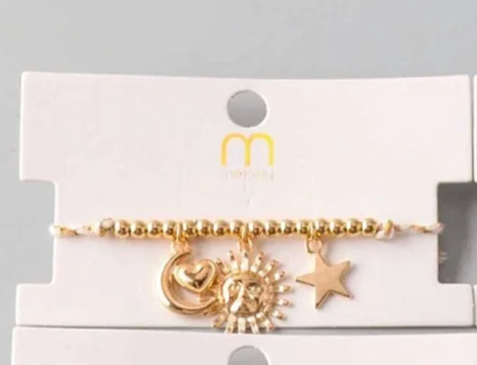 Gold Beaded Celestial Charm Bracelet | Sun, Moon & Star Adjustable Cord Bracelet