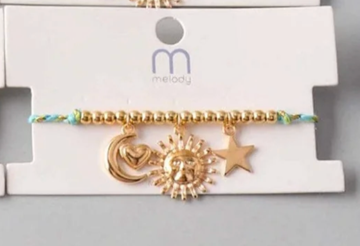 Gold Beaded Celestial Charm Bracelet | Sun, Moon & Star Adjustable Cord Bracelet