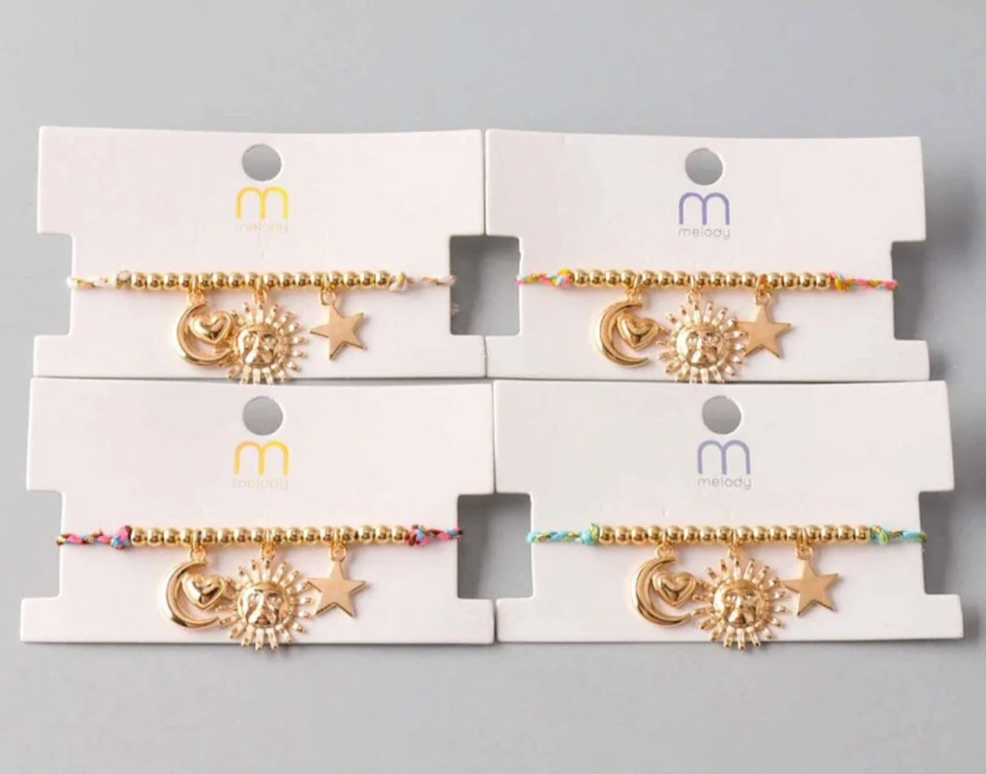 Gold Beaded Celestial Charm Bracelet | Sun, Moon & Star Adjustable Cord Bracelet