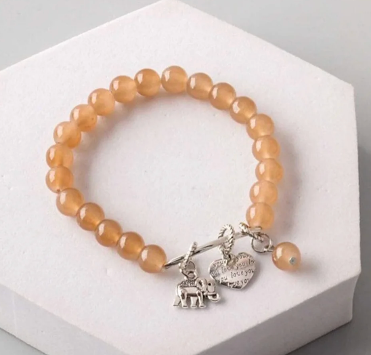Natural Stone Stretch Beaded Bracelet with Silver Elephant & Engraved Heart Charms