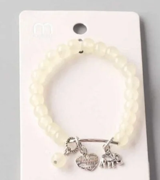 Natural Stone Stretch Beaded Bracelet with Silver Elephant & Engraved Heart Charms