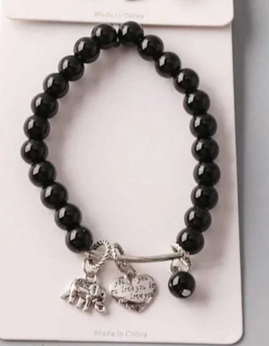 Natural Stone Stretch Beaded Bracelet with Silver Elephant & Engraved Heart Charms