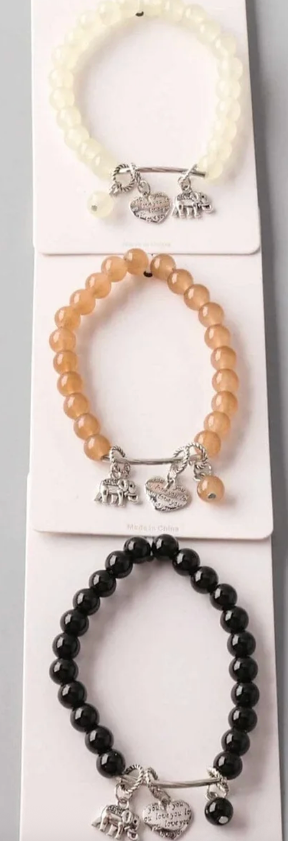 Natural Stone Stretch Beaded Bracelet with Silver Elephant & Engraved Heart Charms