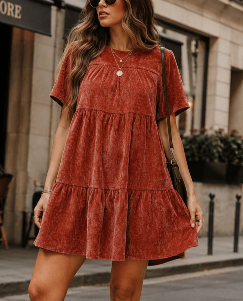 Rust Corduroy Tiered Babydoll Mini Dress | Short Sleeve Fall Swing Dress