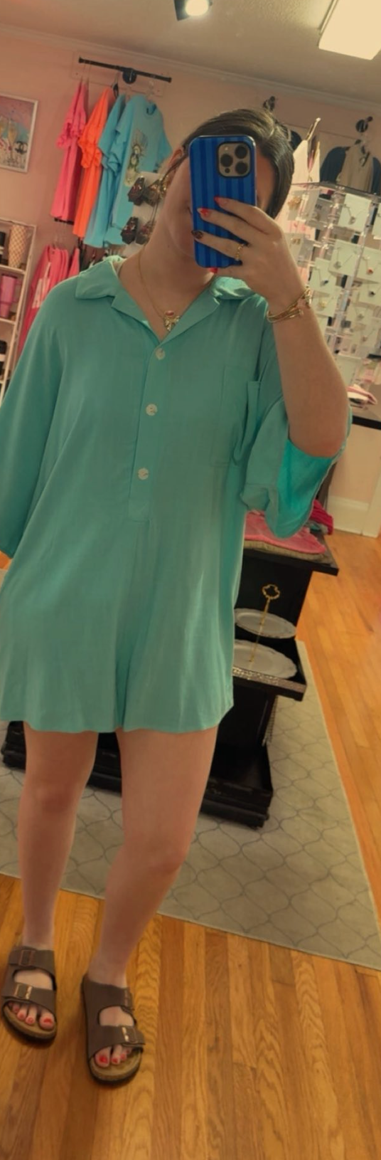 Breezy Days Blue Linen Oversize Button Up Romper