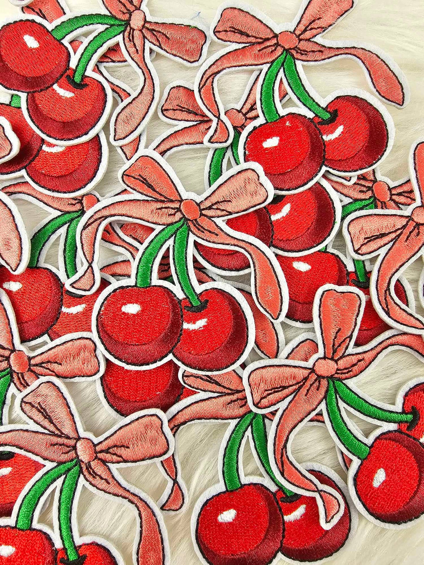 Scratch Decor - Cherry with Pink Bow Embroidery Iron On Patch