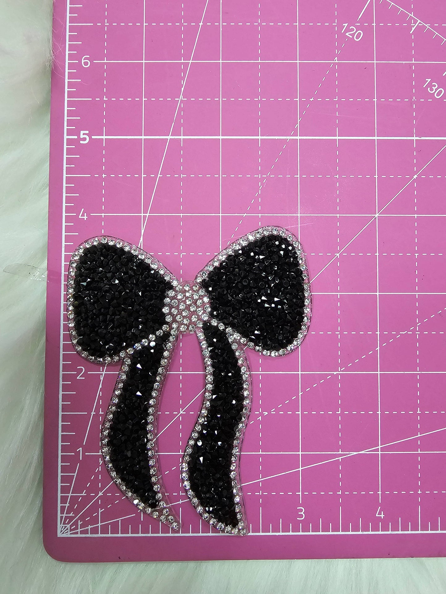 Scratch Decor - Rhinestone Bow with Silver Outline and Black Iron-on Patch