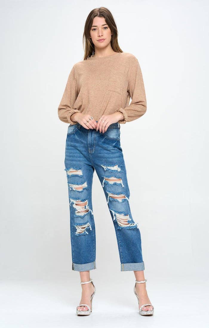 BLUE AGE - HIGH RISE RIPPED BOYFRIEND JEANS JP-1134H