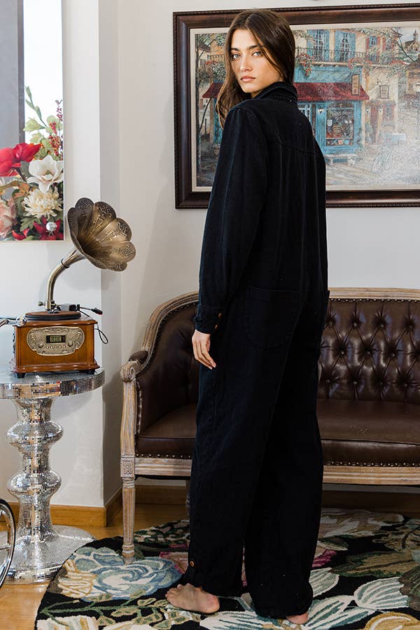 Black Long Sleeve Denim Jumpsuit