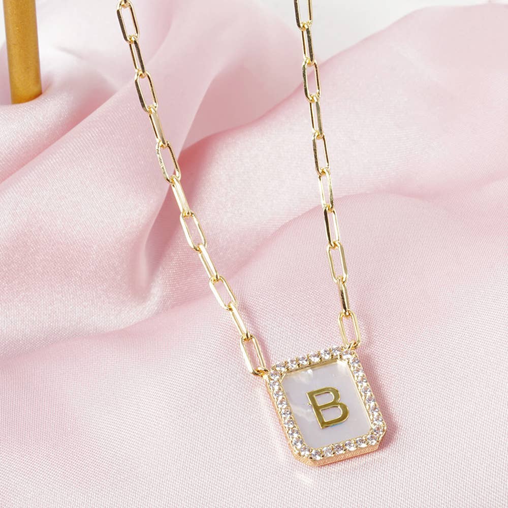 Gold Dipped CZ Stone Paved Rim Mother of Pearl Plate Initial Pendant Necklace