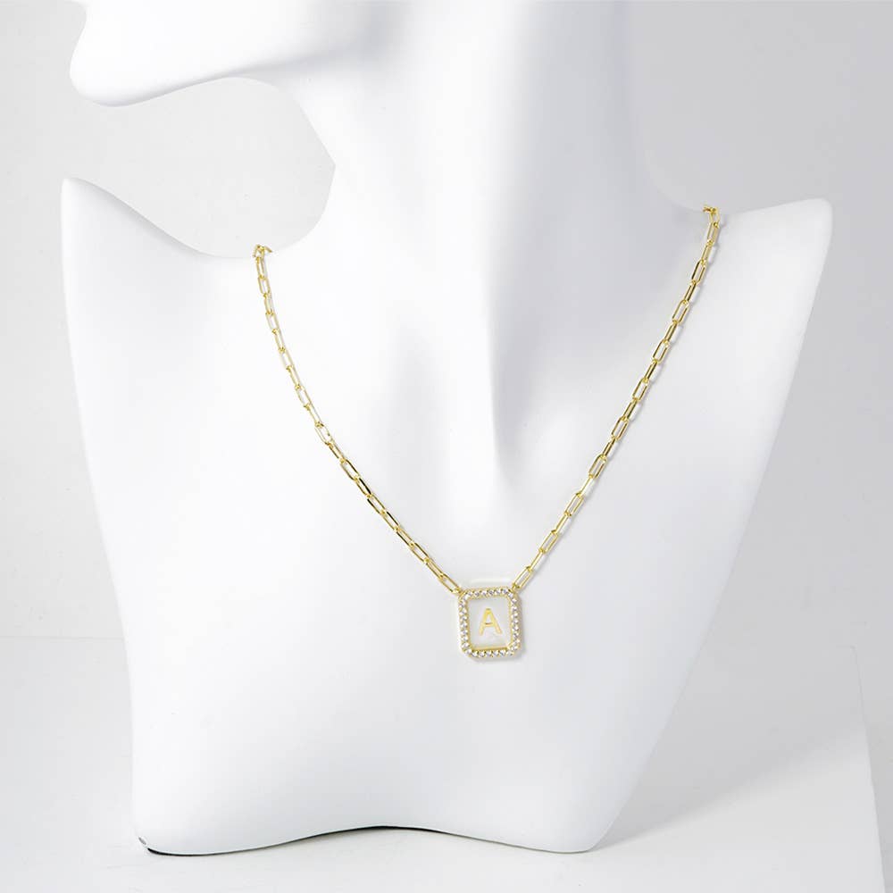 Gold Dipped CZ Stone Paved Rim Mother of Pearl Plate Initial Pendant Necklace