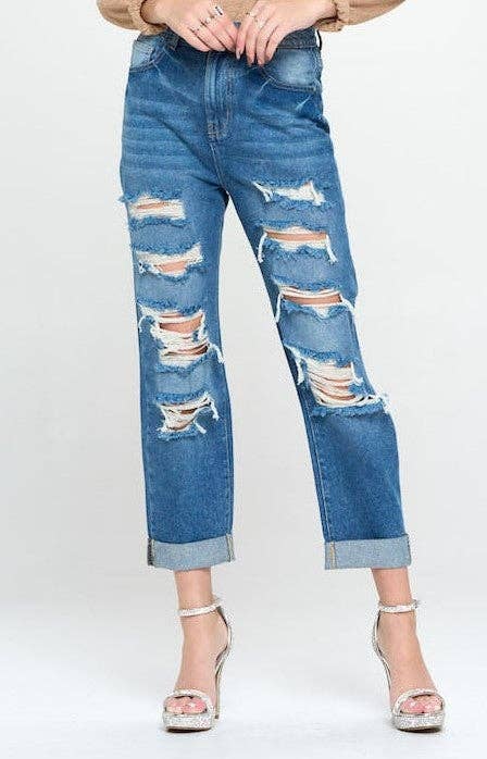 BLUE AGE - HIGH RISE RIPPED BOYFRIEND JEANS JP-1134H