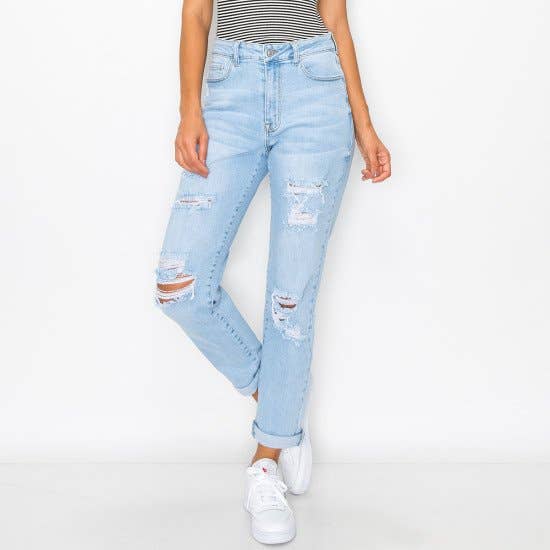 BLUE AGE - DESTRUCTED CUFFED MOM JEANS