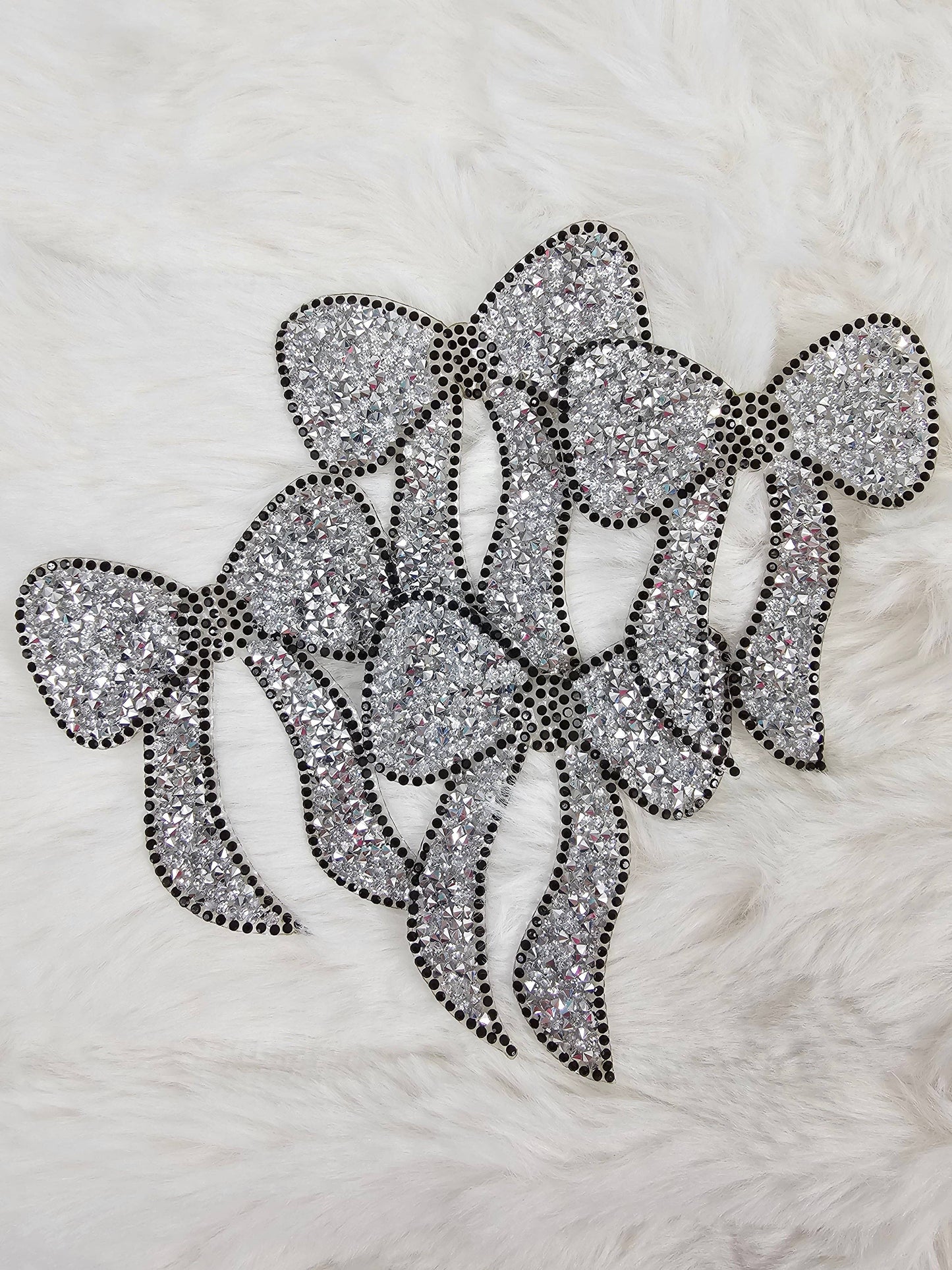 Scratch Decor - Rhinestone Bow with Black Outline and Silver Iron-on Patch
