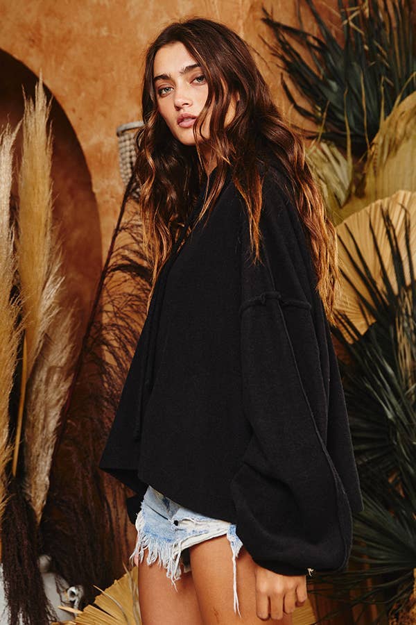 Raw Edge Details Oversize Hoodie Top