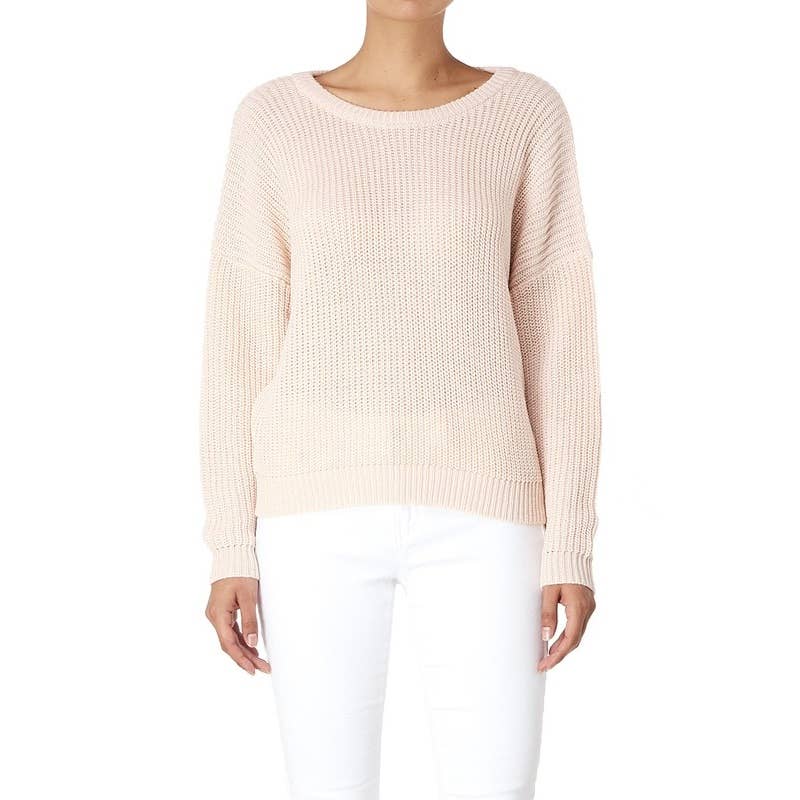 Mak - Waffle Stitch Bat Wing Bow Back Pullover Sweater MK8224