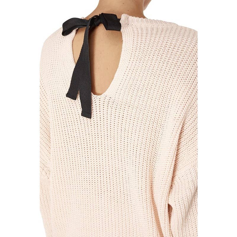 Mak - Waffle Stitch Bat Wing Bow Back Pullover Sweater MK8224