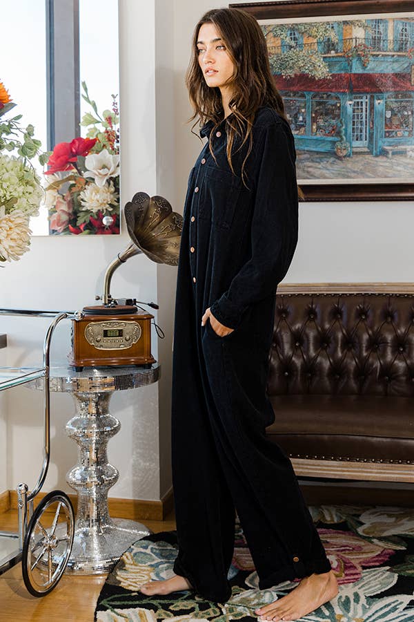 Black Long Sleeve Denim Jumpsuit